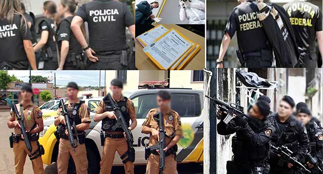 Imagens de policiais civis, limitares e federais como exemplo de Polícia Administrativa e Polícia Judiciária: .