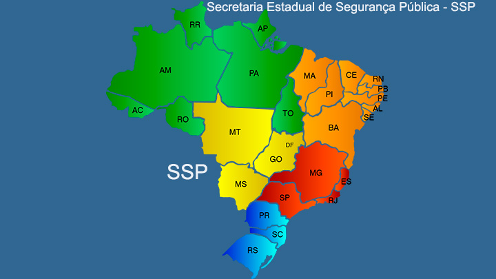 Imagem do mapa do Brasil e seus Estados. Alusão A Secretaria Estadual de Segurança Pública SSP