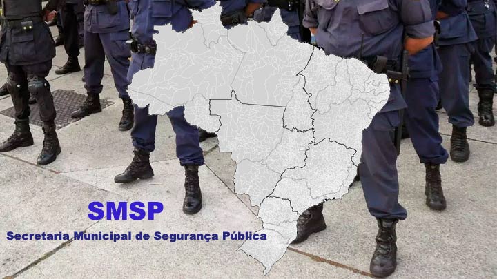 Imagem mapa do Brasil e Guarda Municipais. Alusão a Secretaria Municipal de Segurança Pública.