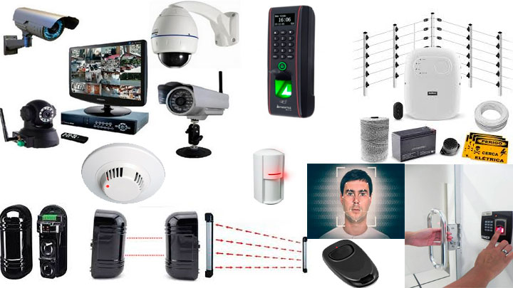 Imagem de sistemas eletrônicos de segurança. Câmeras, alarmes, sistemas de biometria.