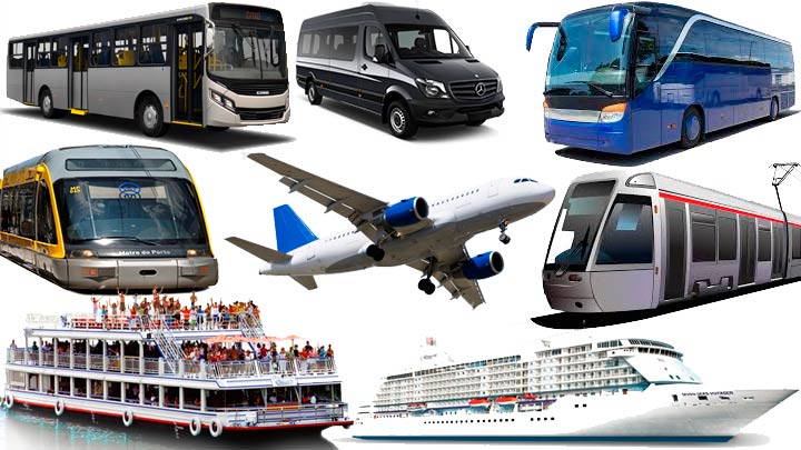 Imagem de ônibus, trens e avião. Alusão ao tema Transporte coletivo
